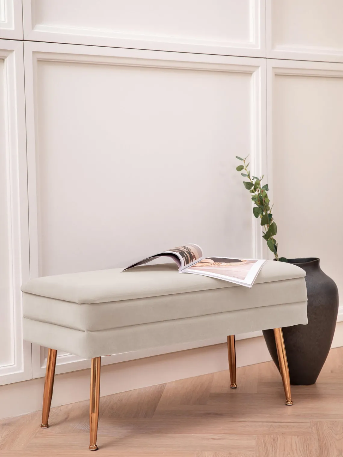 Sale Bizzotto Banc en velours avec rangement Pavlina Velours beige clair, pieds dorés