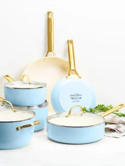 Clearance GreenPan Batterie de cuisine avec revêtement antiadhésif Padova, 10 élém. Bleu ciel, doré