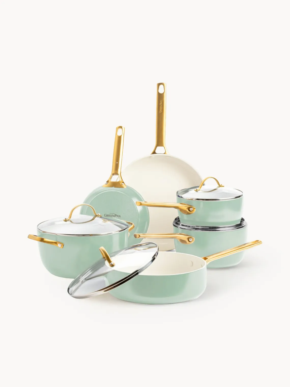 New GreenPan Batterie de cuisine avec revêtement antiadhésif Padova, 10 élém. Vert menthe, blanc crème, doré