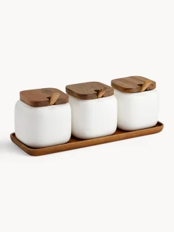 Fashion ladelle Bocaux de rangement avec plateau Essentials, 4 élém. Blanc, bois d'acacia