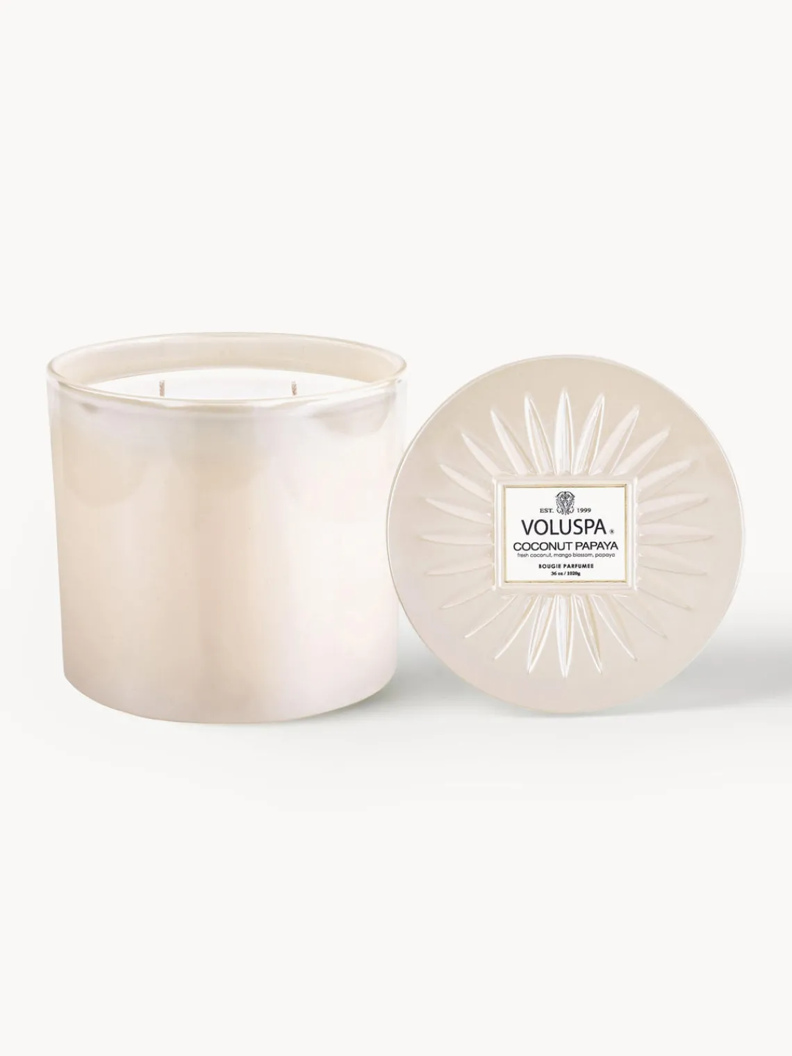 Best Voluspa Bougie parfumée artisanale à trois mèches Bougie Parfumee (noix de coco, fleur de manguier & papaye) Noix de coco fraîche, fleur de mangue & papaye
