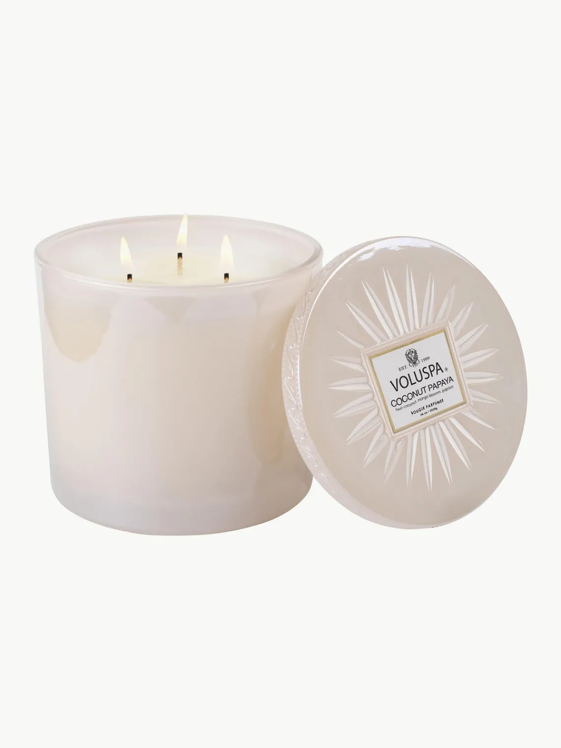 Best Voluspa Bougie parfumée artisanale à trois mèches Bougie Parfumee (noix de coco, fleur de manguier & papaye) Noix de coco fraîche, fleur de mangue & papaye