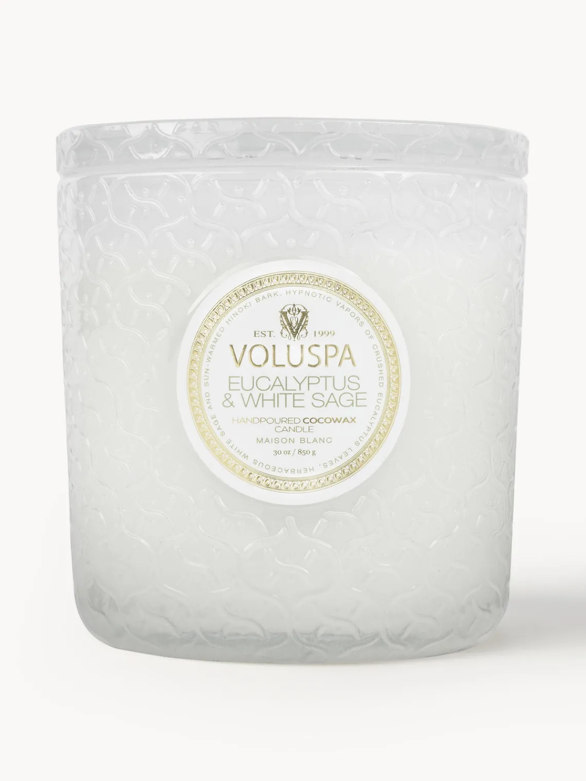 Outlet Voluspa Bougie parfumée artisanale à trois mèches Maison Blanc (eucalyptus, cardamome, sauge & écorce d'hinoki)
