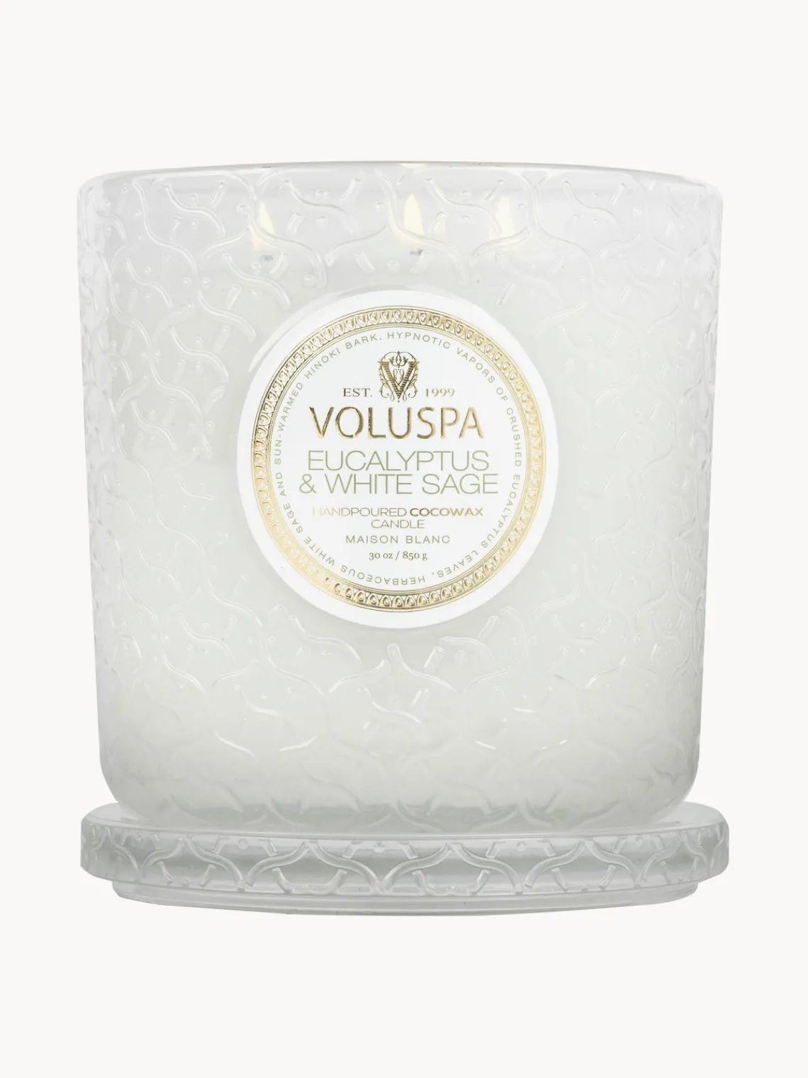 Outlet Voluspa Bougie parfumée artisanale à trois mèches Maison Blanc (eucalyptus, cardamome, sauge & écorce d'hinoki)