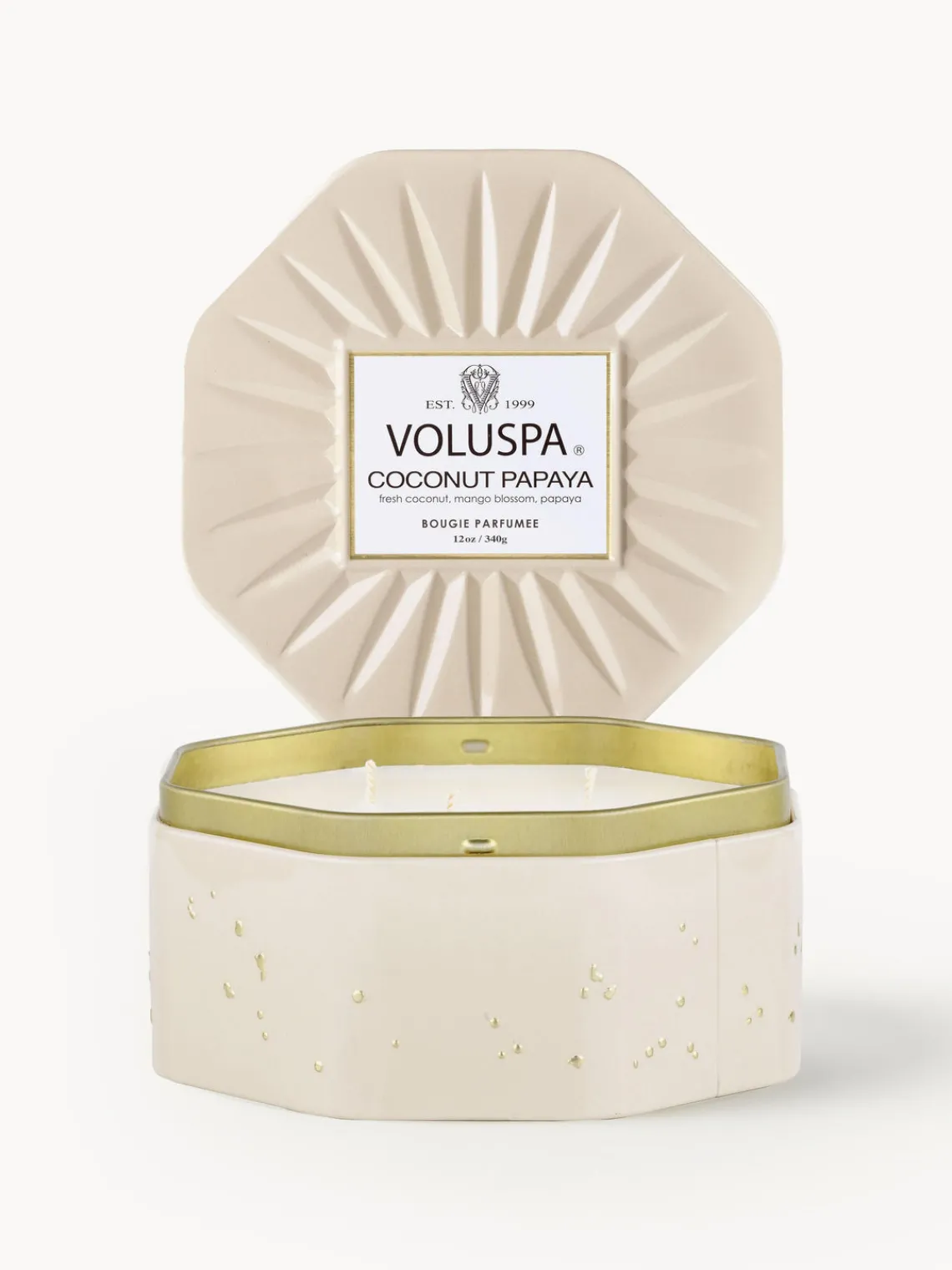Fashion Voluspa Bougie parfumée artisanale à trois mèches Bougie Parfumee (noix de coco, fleur de manguier & papaye) Noix de coco fraîche, fleur de mangue & papaye