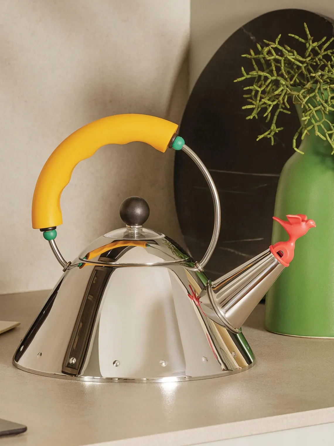 Hot ALESSI Bouilloire avec sifflet Bird, 1 L Argenté, jaune soleil, orange