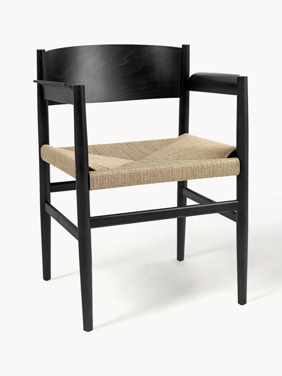 Hot Mater Chaise à accoudoirs en bois de hêtre avec assise tressée faite main Nestor Beige clair, bois de hêtre noir laqué