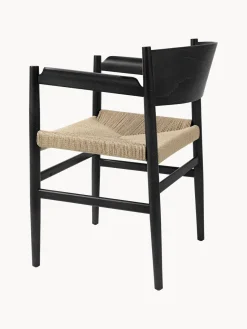 Hot Mater Chaise à accoudoirs en bois de hêtre avec assise tressée faite main Nestor Beige clair, bois de hêtre noir laqué