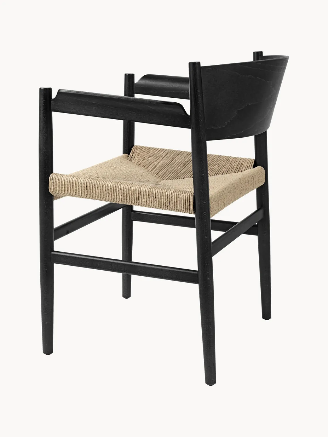 Hot Mater Chaise à accoudoirs en bois de hêtre avec assise tressée faite main Nestor Beige clair, bois de hêtre noir laqué
