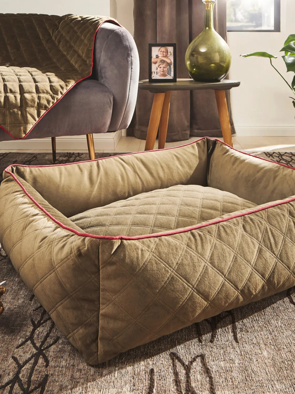 New Laboni Panier en velours pour chien Oxford, tailles variées Vert olive, lie de vin