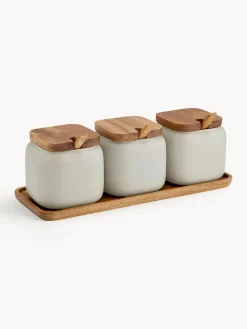 Outlet ladelle Pots en porcelaine avec accessoires en bois d'acacia Essentials, 7 élém. Beige clair, foncé bois