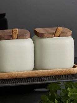 Outlet ladelle Pots en porcelaine avec accessoires en bois d'acacia Essentials, 7 élém. Beige clair, foncé bois