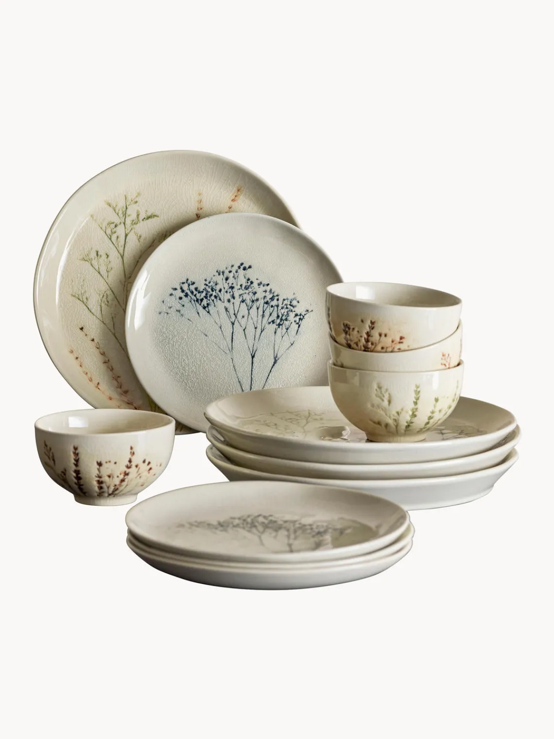 Clearance Bloomingville Service de table peint à la main motif botanique Bea, 4 personnes (12 élém.)