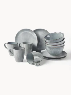 Hot Broste Copenhagen Service petit déjeuner artisanal Nordic Sea, 4 personnes (12 élém.) Gris-bleu, chiné