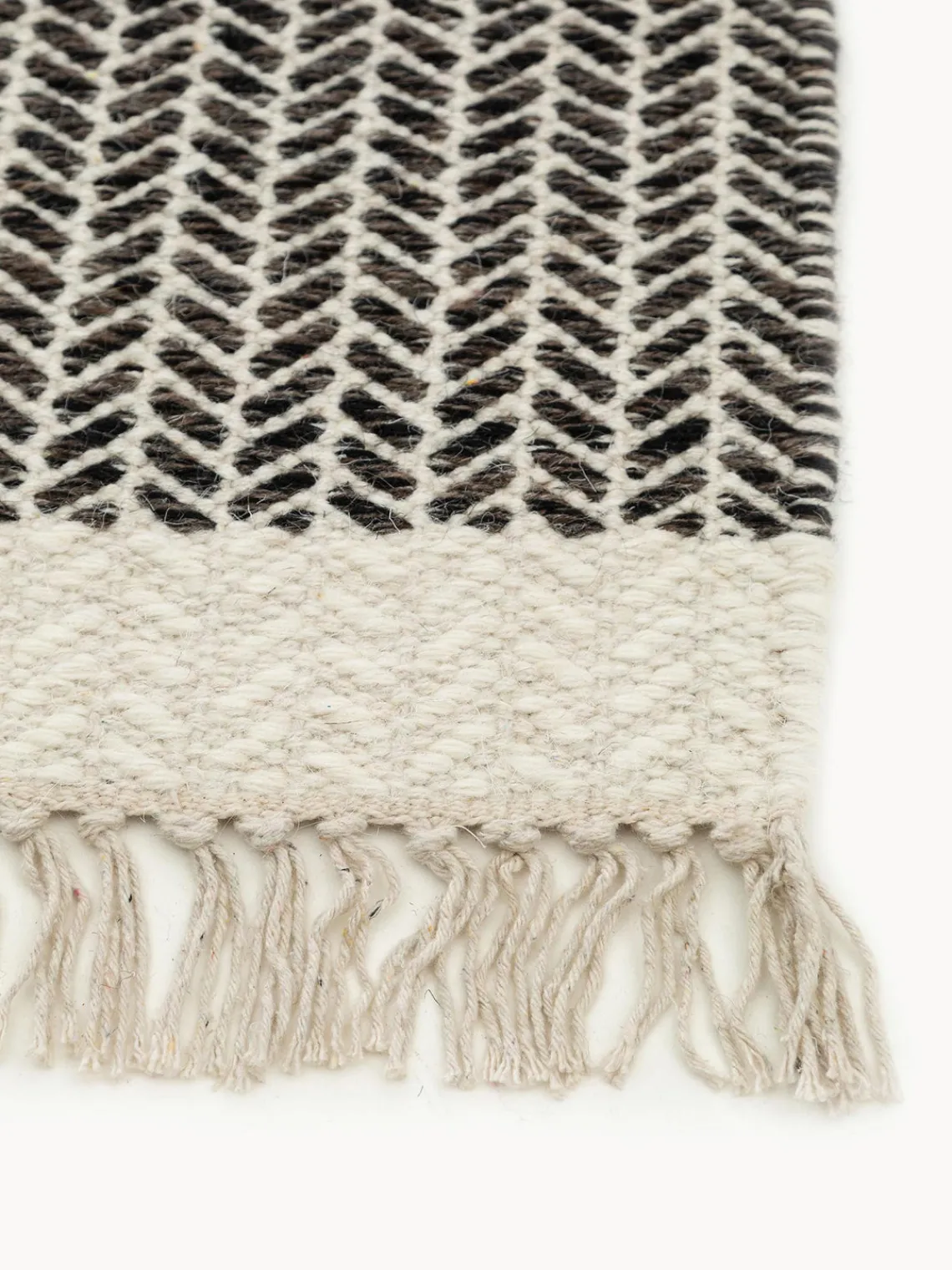 Clearance Benuta Tapis d'entrée en laine à franges tissé main Kim Noir, beige clair