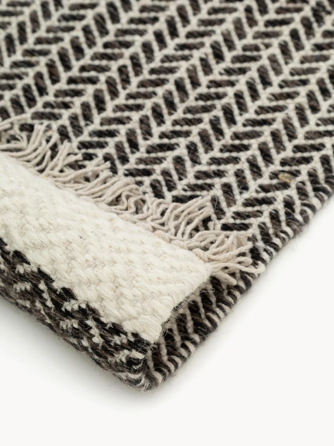 Clearance Benuta Tapis d'entrée en laine à franges tissé main Kim Noir, beige clair