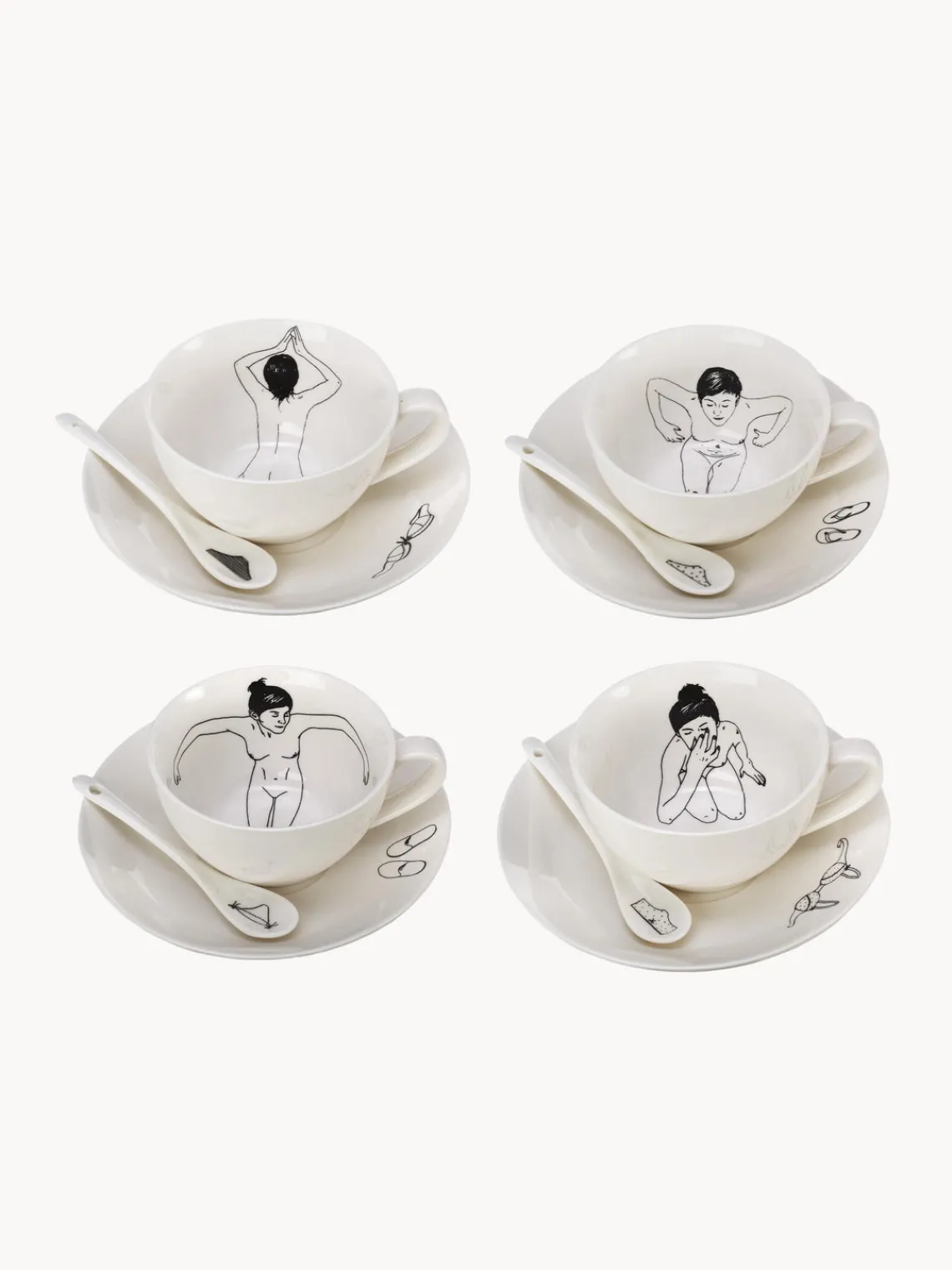 Fashion Pols Potten Tasses à café peintes à la main avec sous-tasses et cuillères Undressed, 12 élém.