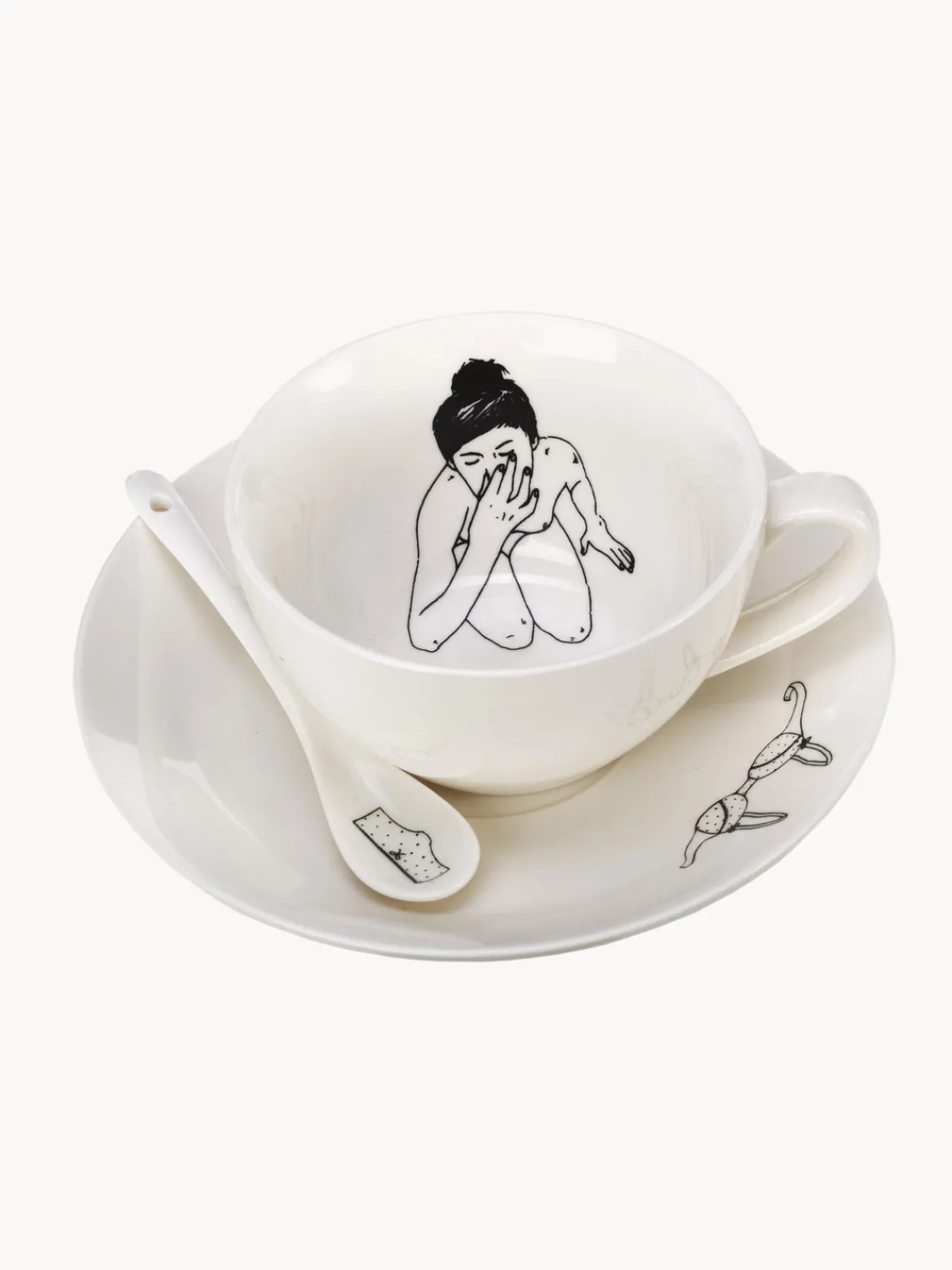 Fashion Pols Potten Tasses à café peintes à la main avec sous-tasses et cuillères Undressed, 12 élém.