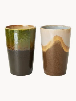 Hot HKLIVING Tasses XL en céramique émaillée peinte à la main 70's, 2 élém. Brun, beige, vert olive
