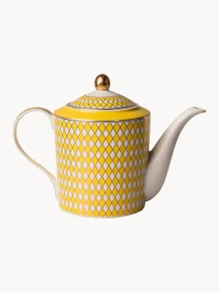 Discount Pols Potten Théière en porcelaine artisanal Chess, 1,1 L Jaune soleil, blanc cassé, doré