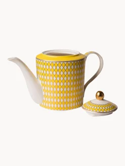Discount Pols Potten Théière en porcelaine artisanal Chess, 1,1 L Jaune soleil, blanc cassé, doré