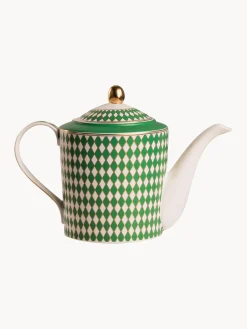 Outlet Pols Potten Théière en porcelaine artisanal Chess, 1,1 L Vert, blanc cassé, doré