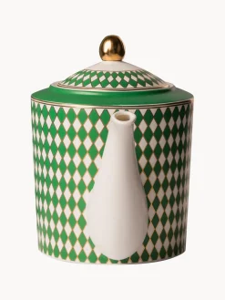 Outlet Pols Potten Théière en porcelaine artisanal Chess, 1,1 L Vert, blanc cassé, doré