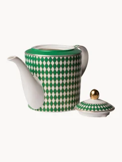 Outlet Pols Potten Théière en porcelaine artisanal Chess, 1,1 L Vert, blanc cassé, doré