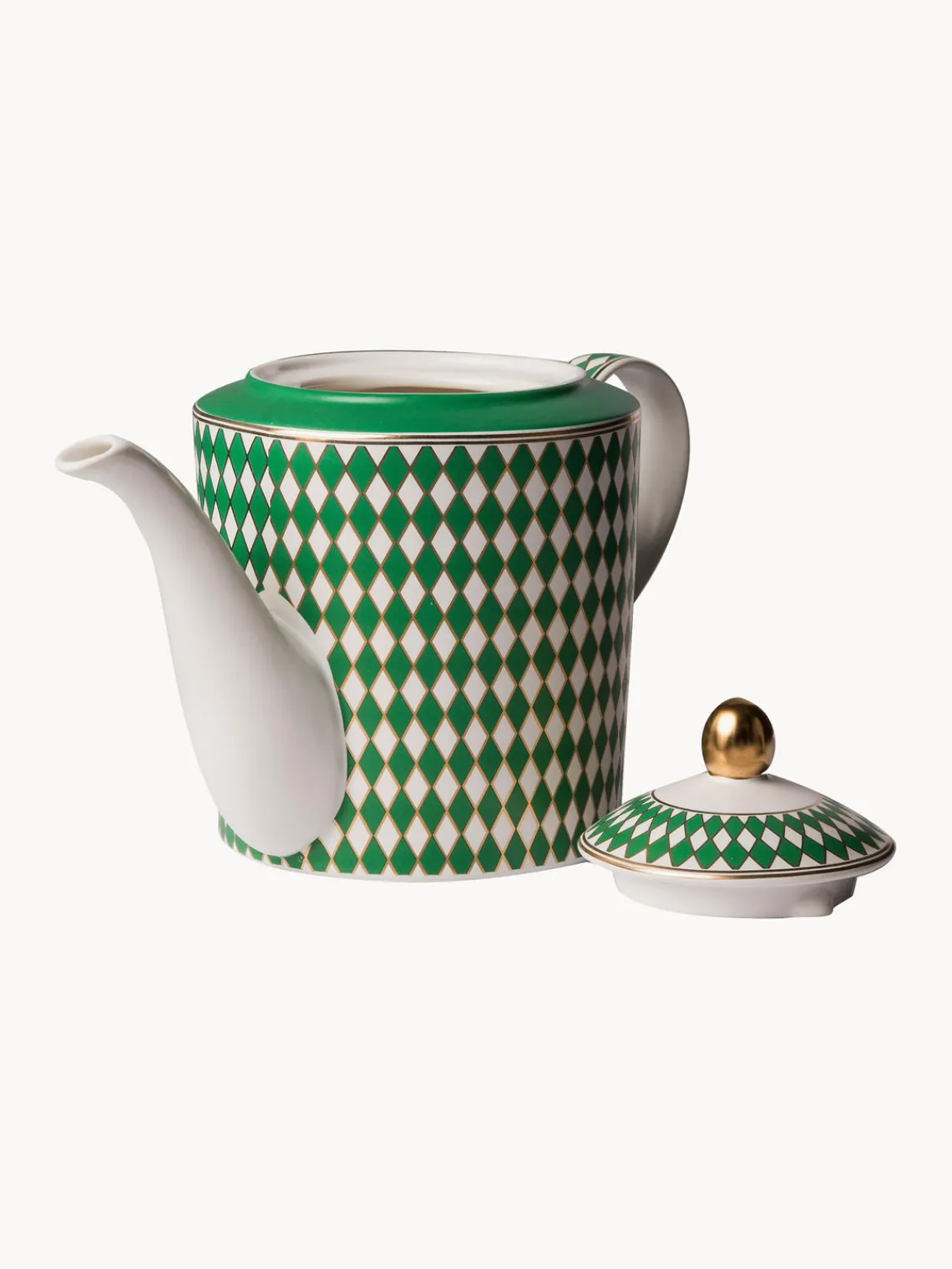 Outlet Pols Potten Théière en porcelaine artisanal Chess, 1,1 L Vert, blanc cassé, doré