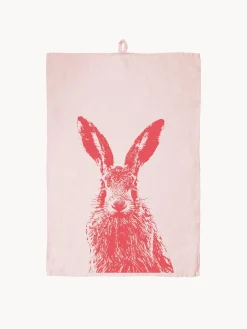 Sale Frohstoff Torchon en lin sérigraphié à la main Lapin de Campagne Rose pâle, rouge corail
