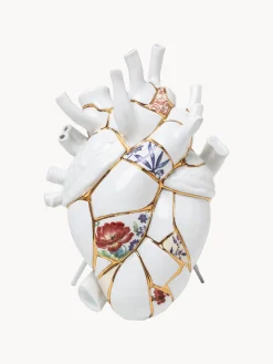 Outlet SELETTI Vase design en verre avec décor doré Love in Bloom, haut. 25 cm Blanc haute brillance, multicolore